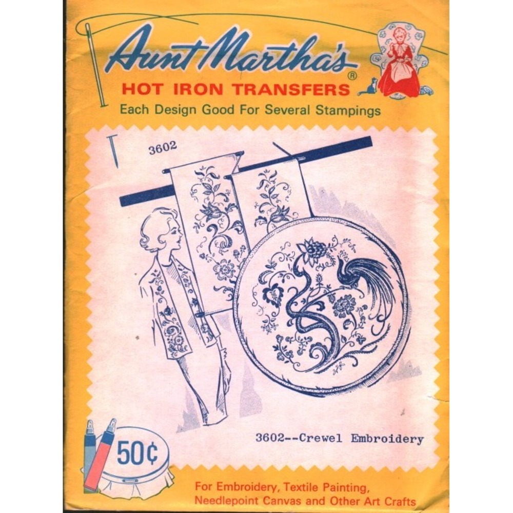 Vintage Aunt Martha's Hot Iron Transfers 3602 Crewel Embroidery Floral Bird DIY